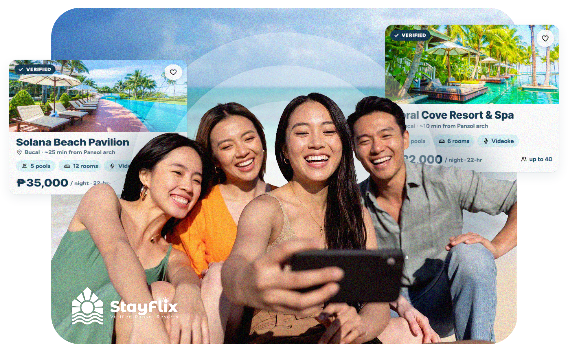 A barkada taking a selfie beside two verified StayFlix resort listings
